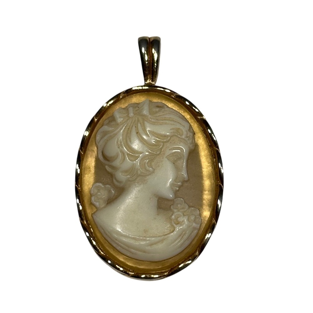 Vintage Gold Tone Oval Shell Carved Cameo Pendant Victorian Style Lady Portrait